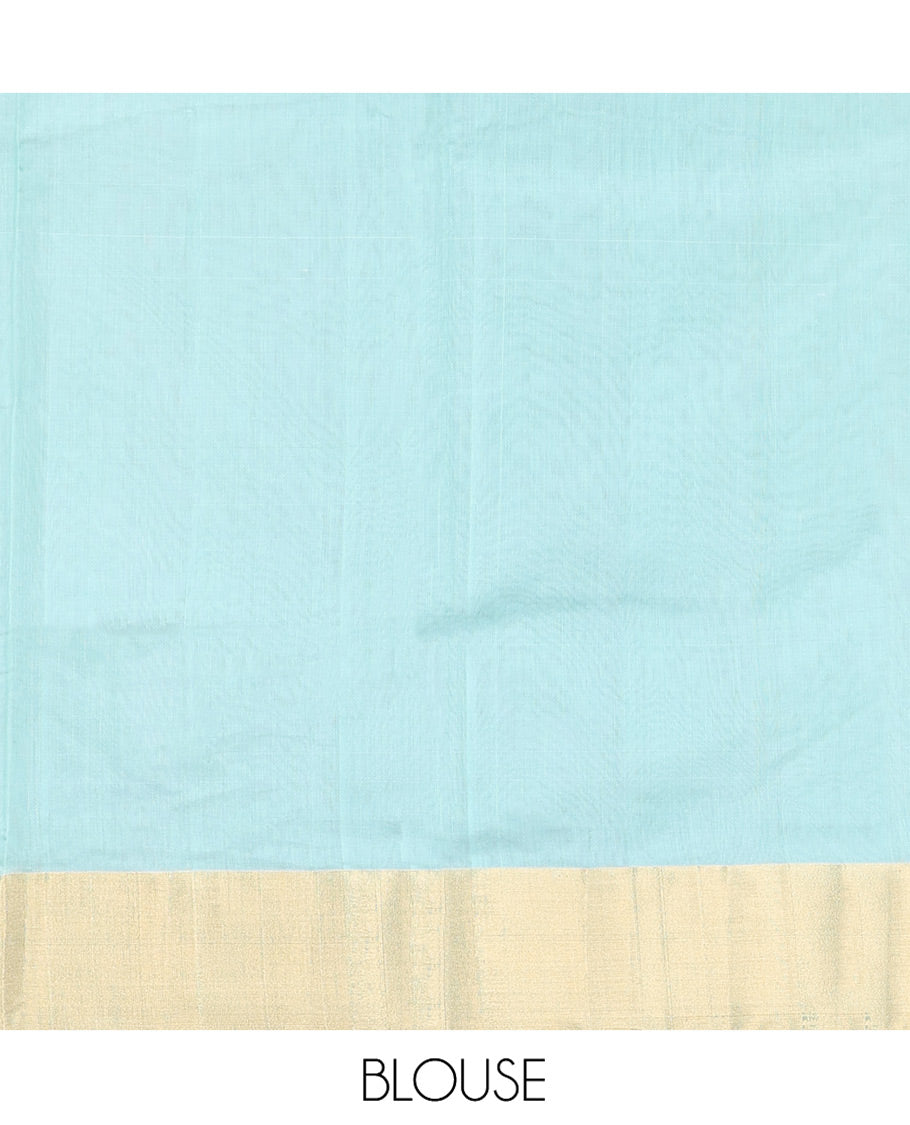 Blue Chanderi Cotton Saree, Gleamed Up with Floral Buttas All Over Its Body, Highlighted by a Bavanji Border, Pallu Steeped with Zari Stripes, and Paired with a Matching Blouse
