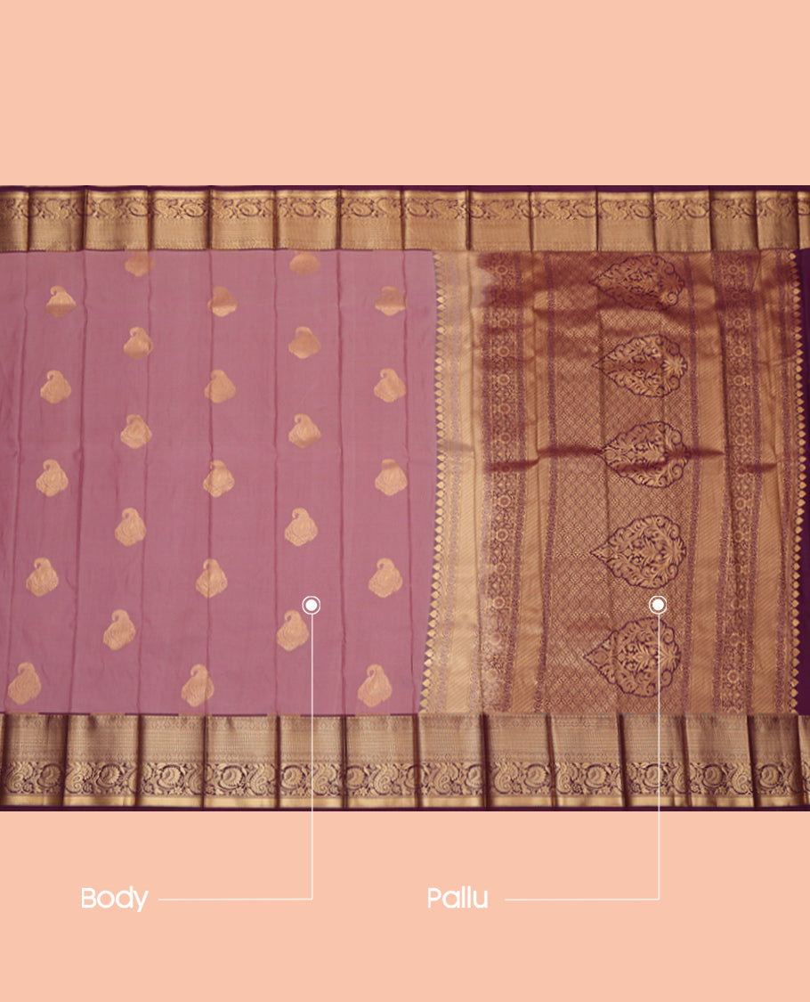 Pink Budget Silk Saree, Adorned with Paisley Buttas, Complemented by a Contrast Traditional Zari Border, Intricate Pallu, and a Contrast Blouse