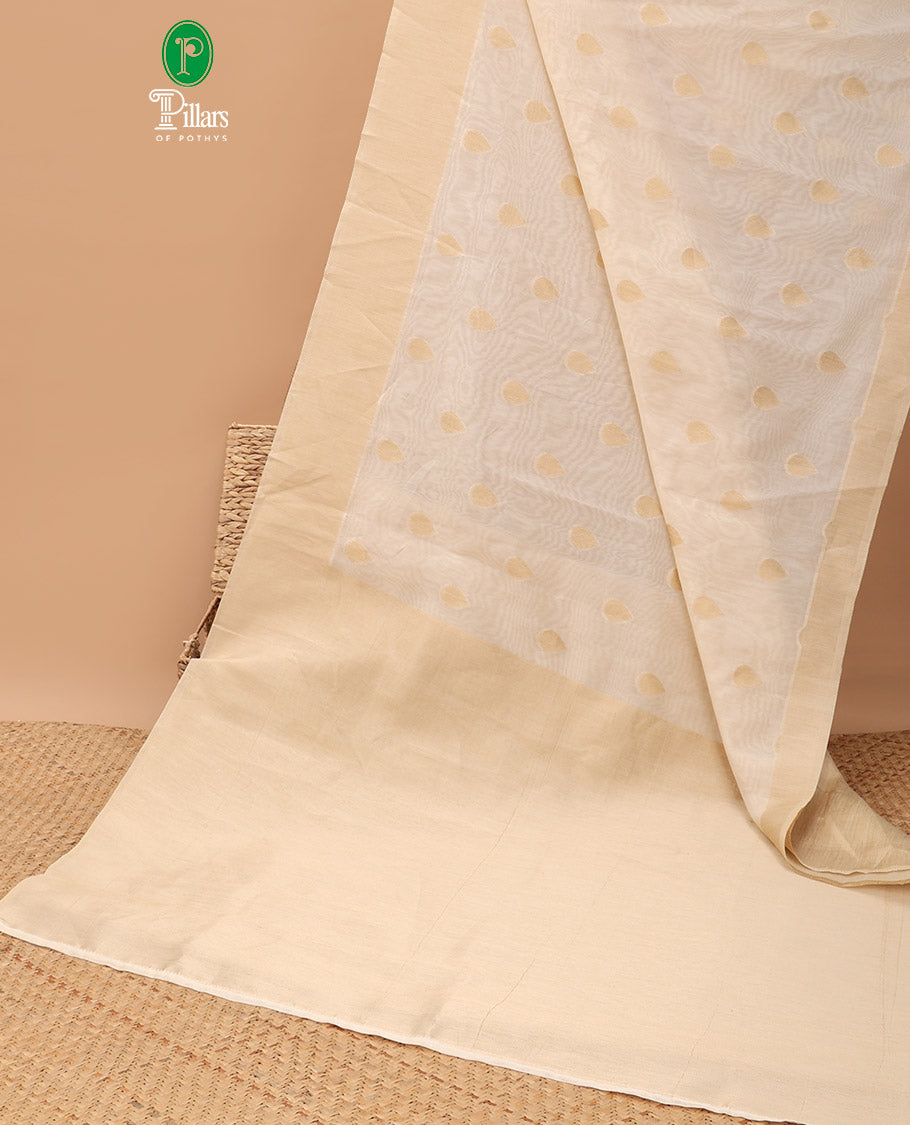 White gold butta zari handloom linentissue saree with gold rich pallu , tussels & gold tissue blouse
