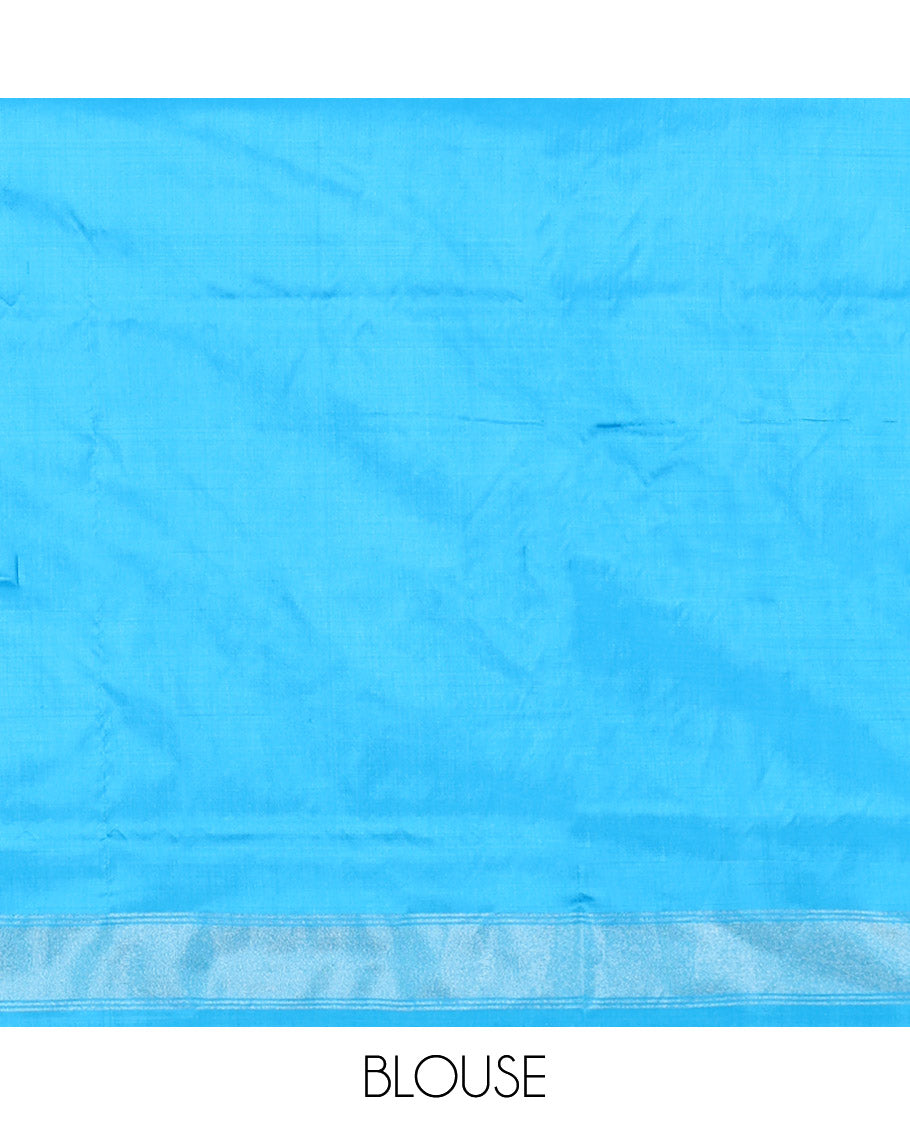 Blue Pochampally Ikat Silk Saree, Adorned with Triangle Motifs, Highlighted by a Self-Border, Ikat Jaal Pallu, and Matching Blouse