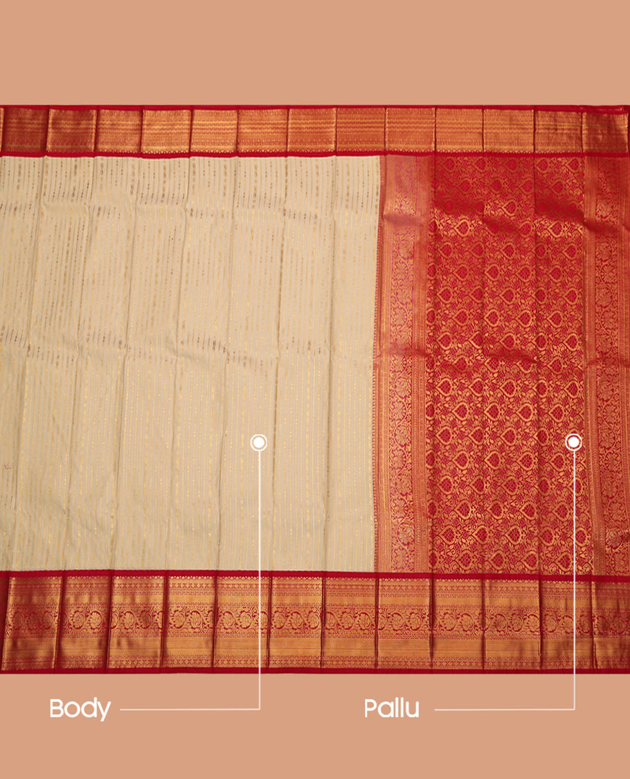 Cream Budget Silk Saree, Bedecked with Zari Stripes, Complemented by a Contrast Traditional Zari Border, Intricate Pallu, and Contrast Blouse