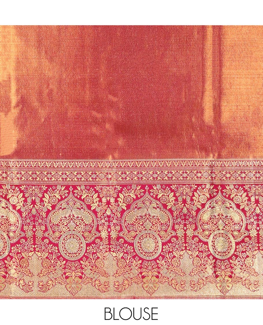 Grey Kanchipuram Tissue Silk Saree, Opulently Embellished with Jacquard Design On Its Body, Complemented by Contrast Mughal-style Intricately Woven Border, Grand Pallu and Paired with a Contrast Blouse