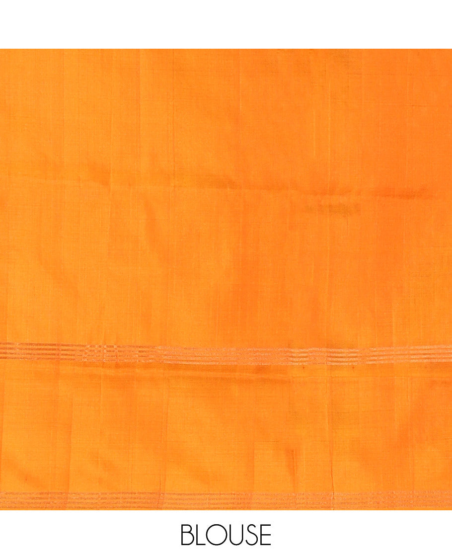 Orange Uppada Silk Saree Decked Up with Paisley and Peacock Buttas All Over Its Body, Complemented by Contrast Border of Peacock Designs, Sparsely Sparkled Pallu of Jaal Designs, and Paired with a Contrast Blouse