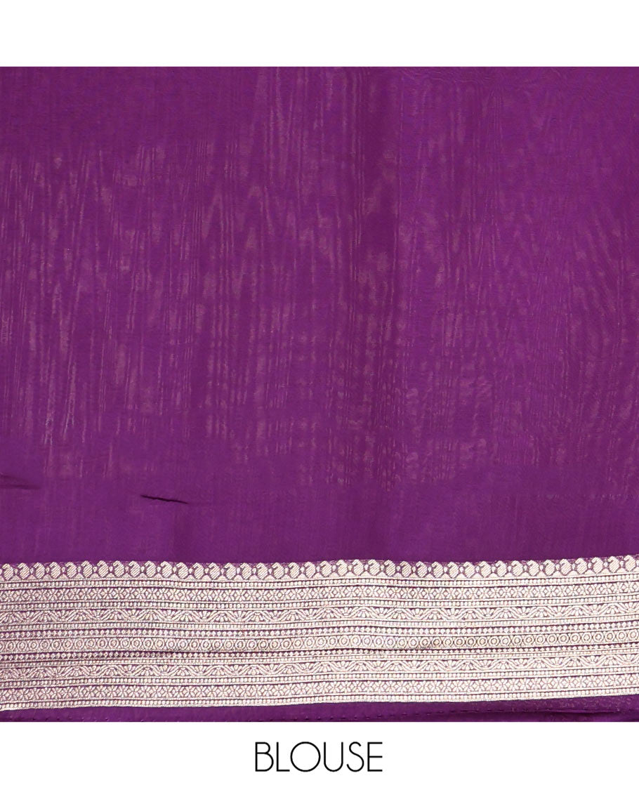 Purple Russian Dola Silk Saree, Meticulously Crafted with Zari Zig-Zag Jacquard on Its Body, Highlighted by Zari Buttas Woven Satin Border, Intricately Designed Pallu, and Paired with a Matching Blouse