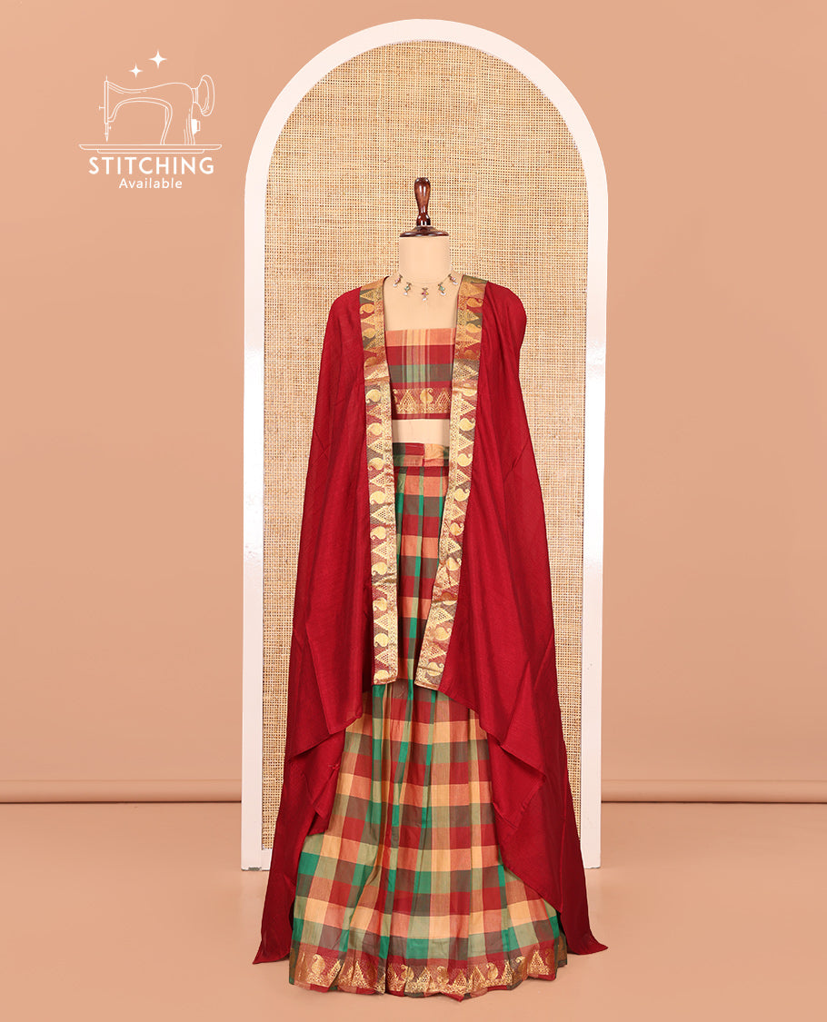 Multi-Color Chettinad Cotton Half Saree Features Checked Skirt, Paisley-Temple Border, Matching Blouse, Contrast Dhavani