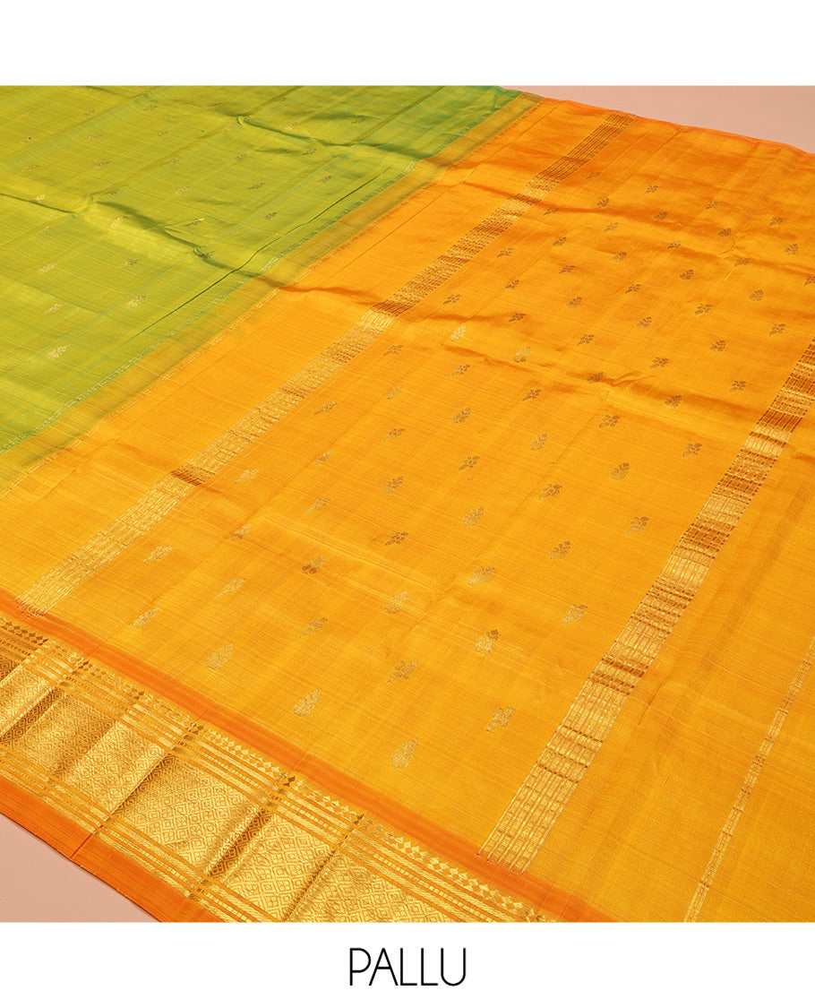 Green Kanchipuram Silk Saree, Adorned with Zari Buttas, Complemented by a Contrast One-Sided Border of Panner Sombu, Banaras, Muthu, and Jaal Designs, Zari Design Pallu, and No Blouse