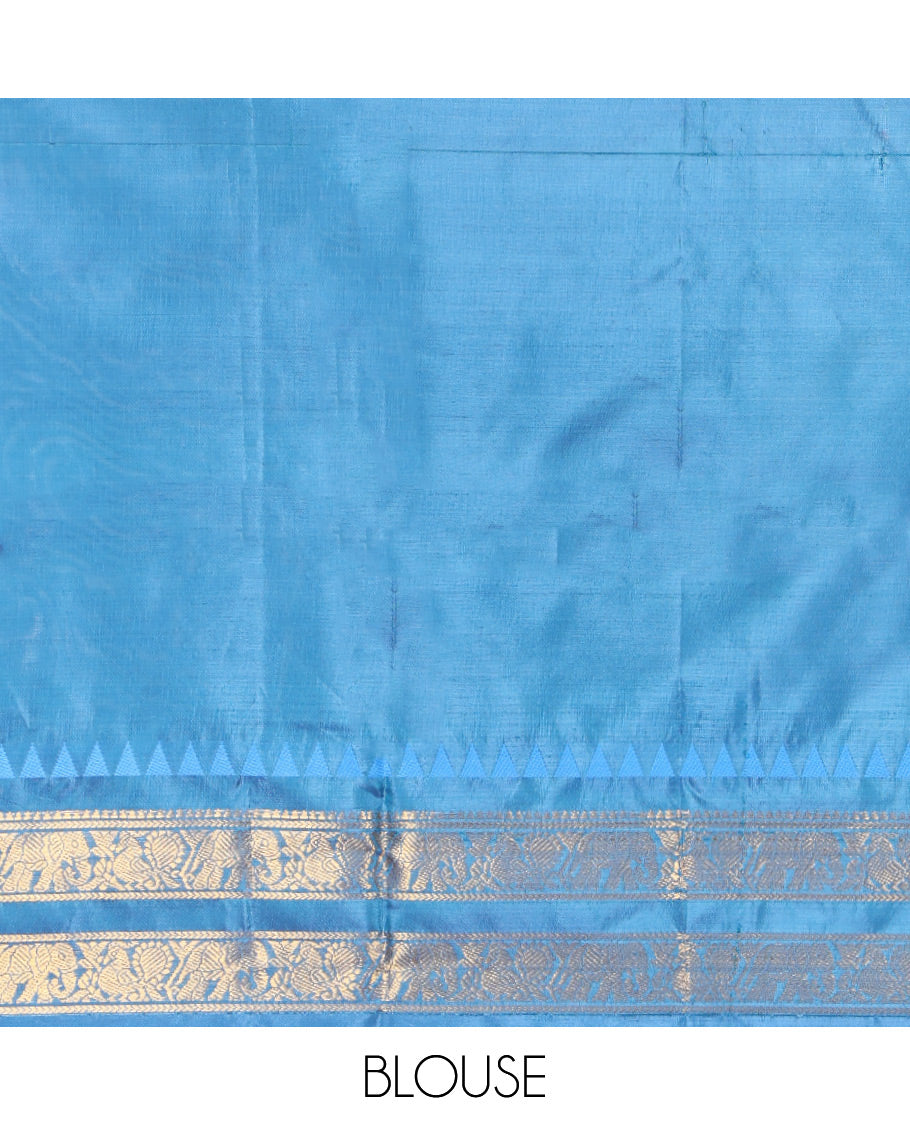 Pink Banana Pith Saree, Woven with Buttas, Complemented by a Contrast Traditional Rettai Pettu Border, Pallu of Stripes, and a Contrast Blouse