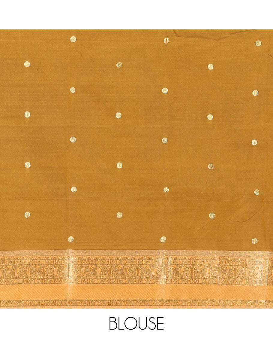 Brown buttas soft silk saree , contrast peacock and mango zari weaving border , contrast weaving rich pallu and contrast Blouse