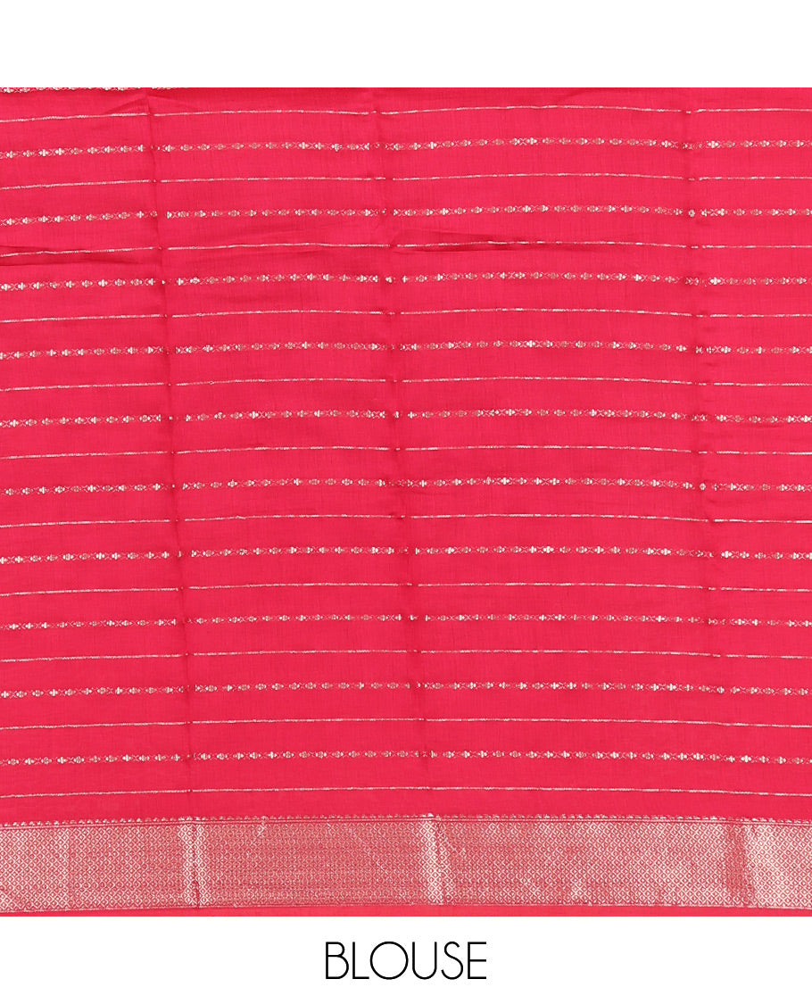 Red Assam Silk Saree, Delicately Woven Zari Stripes, Complemented by Zari Border, Zari Woven Pallu, and Contrast Blouse