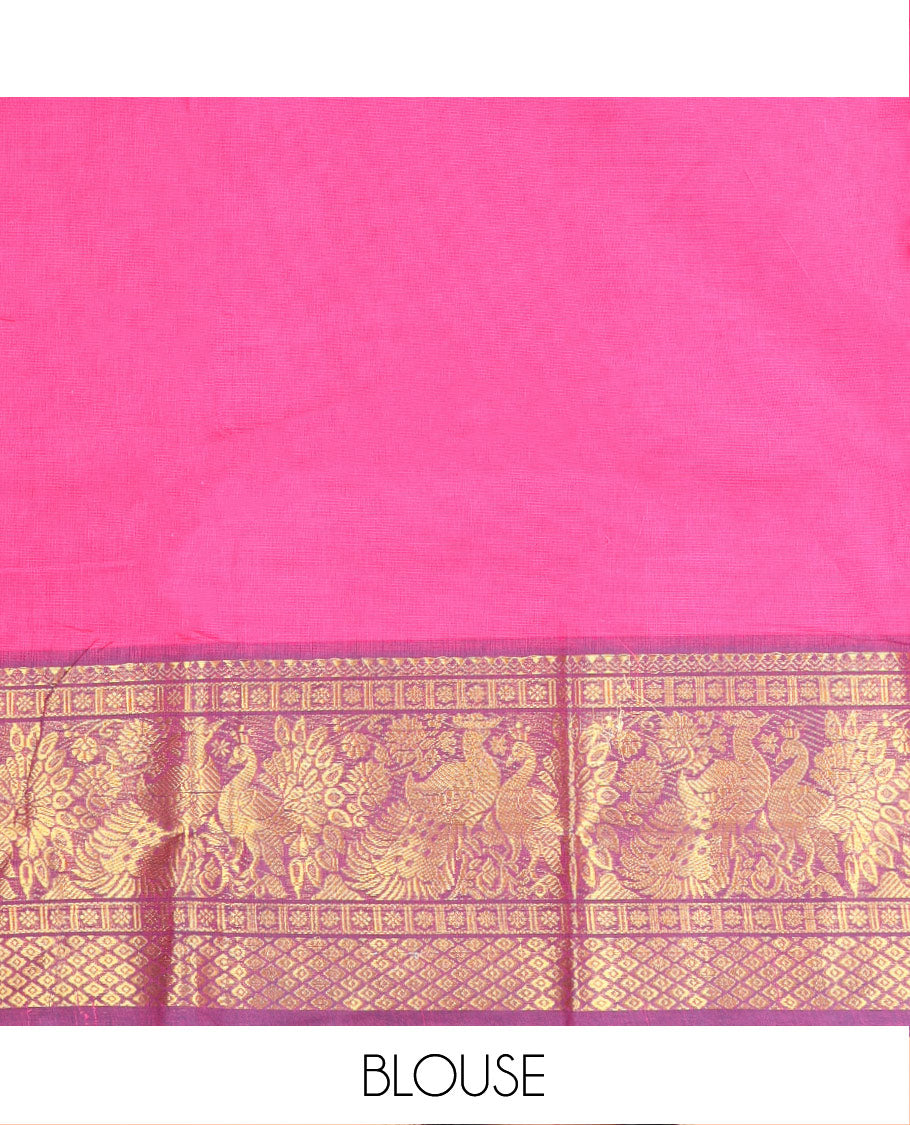 Pink Plain Chettinad Cotton Saree, Complemented by a Contrast Traditional Zari Design Border of Peacocks, Gleaming Zari Striped Pallu, and Paired with a Matching Blouse