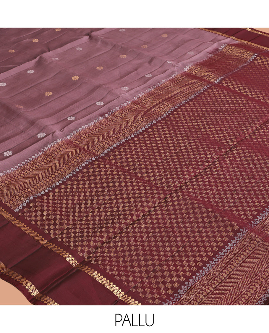 Dark Onion Pink Mayuri Lite Silk Mix Saree, Highlighted by Zari Buttas, Complemented By Contrast Rettai Pettu Zari Border, a Grand Pallu, and a Contrast Blouse