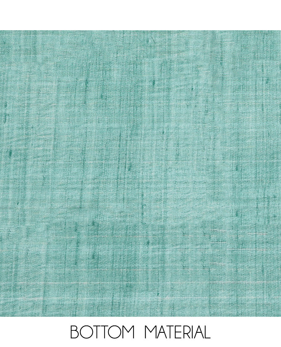 Chikku-Turquoise Semi-Tussar Material Churidar Set, Bedecked with Human-Animal Motif Top, a Contrast Bottom, and Leaf-Elephant Motif Dupatta