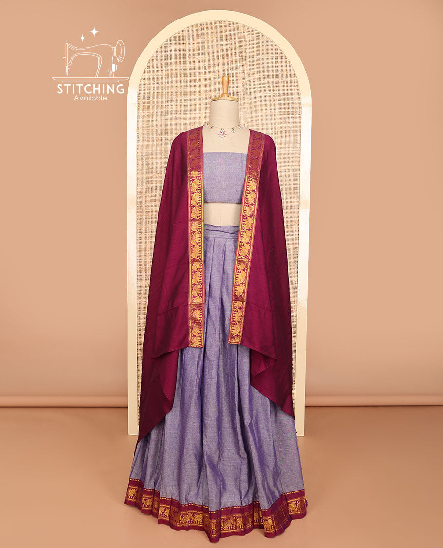 Lavender half saree with contrast elephant design borde, zari design blouse & plain, elephant design border dhavani