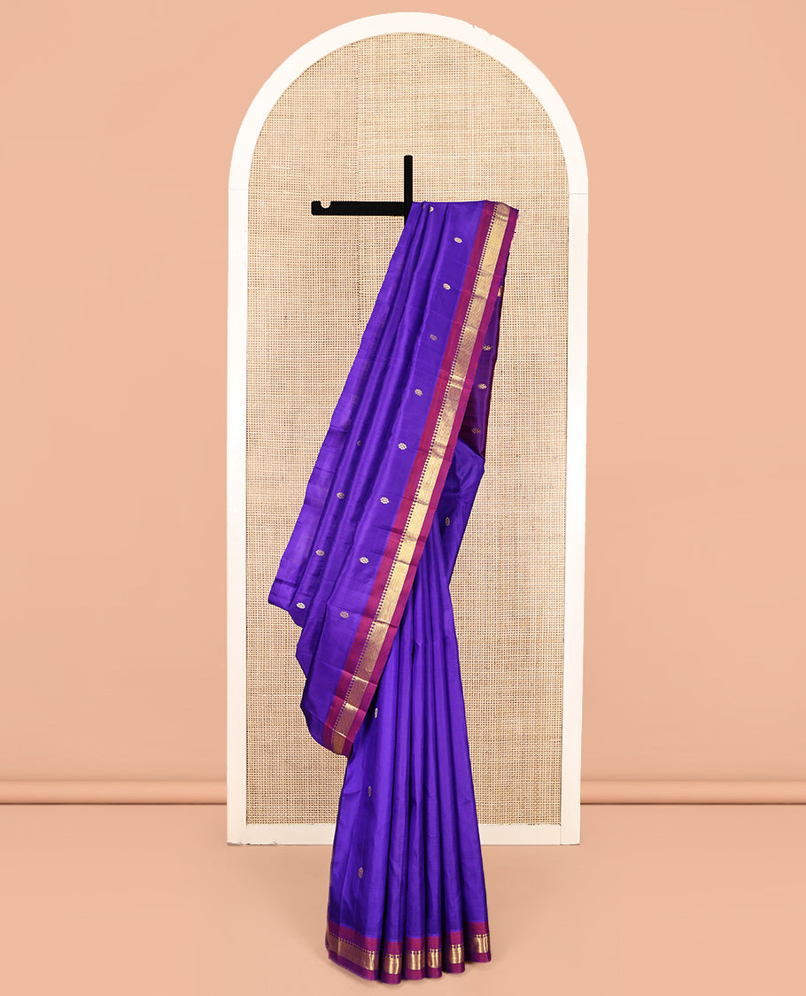 Blue Kanchipuram Silk Saree, Elevated with Zari Buttas, Complemented by a Contrast One-Sided Border, Zari Design Pallu, and No Blouse