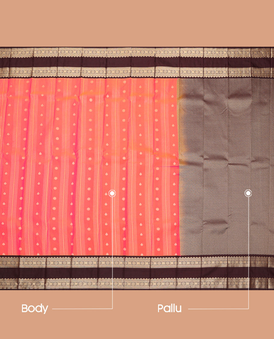 Pink-Orange Budget Silk Saree, Embellished with Zari Buttas, Complemented by a Contrast Traditional Zari Rettai Pettu Border, Jaal Pallu, and a Contrast Blouse