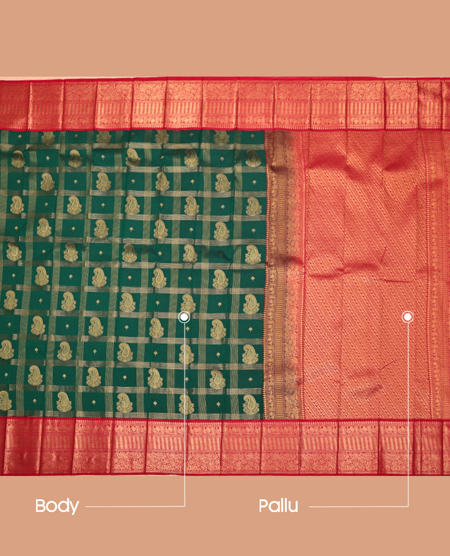 Green Budget Silk Saree, Highlighted with Paisley Butta Enclosed Checks All Over Its Body, Complemented by a Contrast Traditional Zari Design Border, Grand Pallu, and Paired with a Contrast Blouse