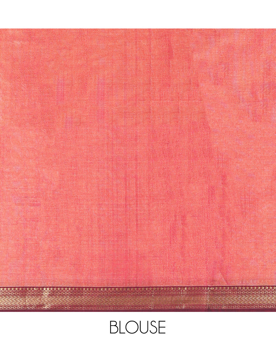 Peach Maheshwari Cotton Saree, Woven with Zari Buttas, a Contrast Traditional Zari Border, Zari Gleamed Up Pallu, and a Matching Blouse