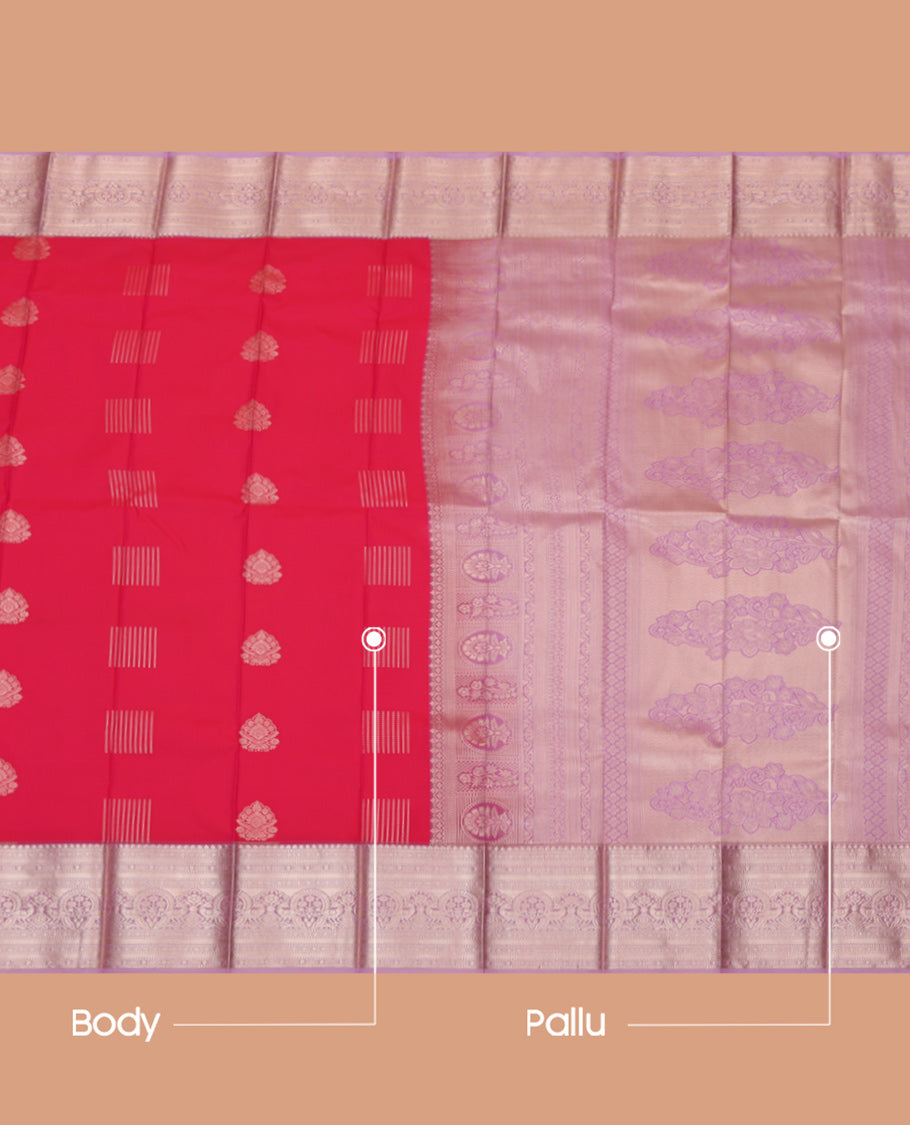 Pink Budget Silk Saree, Ornamented with Zari Buttas, a Contrast Traditional Border, Grand Pallu, and a Contrast Blouse