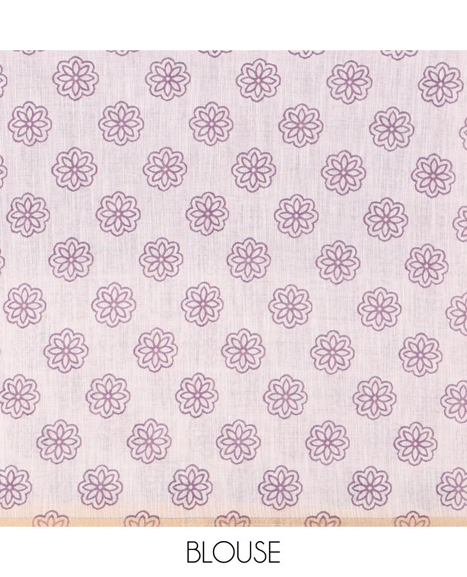 Lavender plain and polka dots printed linen cotton saree with piping zari border, floral-geometric print pallu, and contrast flower buttas printed blouse