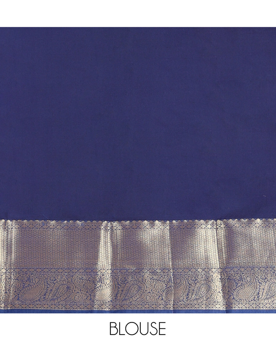 Orange Budget Silk Saree, Decked Up with Zari Buttas and Leaf Buttas on Its Body, Complemented by a Contrast Traditional Zari Designs Border, Pallu of Jaal Designs, and Paired with a Contrast Blouse