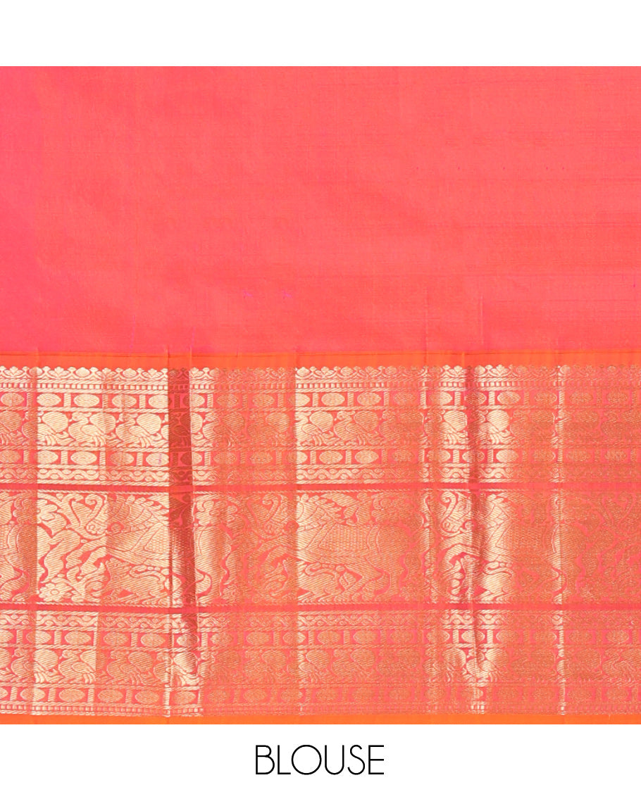 Yellow Vasundhara Silk Saree, Woven with Zari Buttas, Contrast Border of Muthu, Poun, Mayil, Neli, and Kuthirai Designs, Grand Pallu, and Contrast Blouse