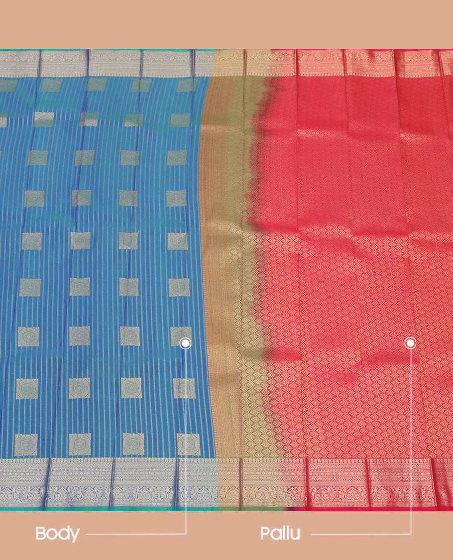 Blue Budget Silk Saree, Meticulously Crafted with Zari Buttas and Stripes All Over Its Body, Highlighted by Traditional Zari Border, Contrast Grand Pallu and Paired with a Contrast Blouse