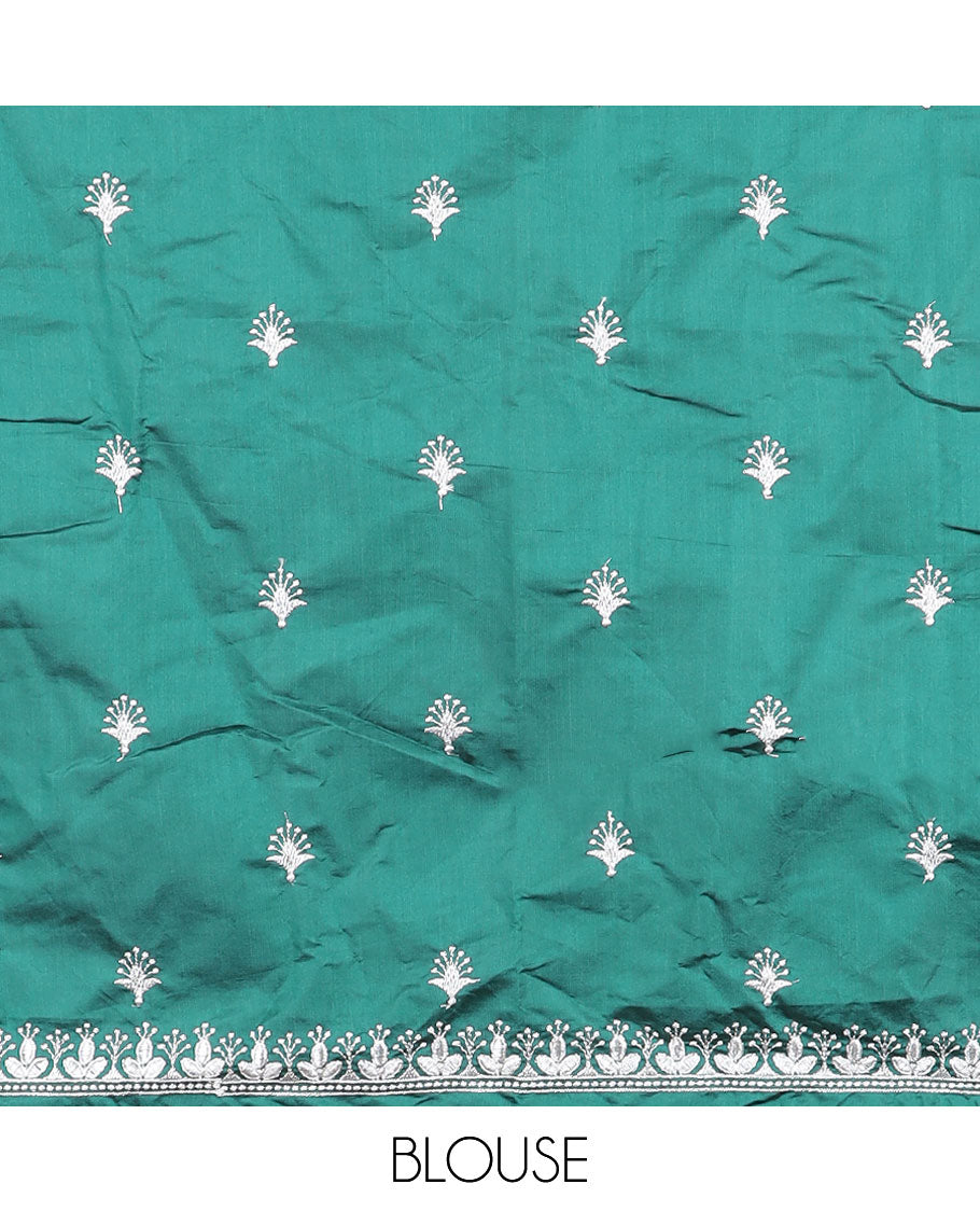 Green floral jacquard half saree with contrast zari design border, floral motifs blouse & floral embroidery scallop border dhavani