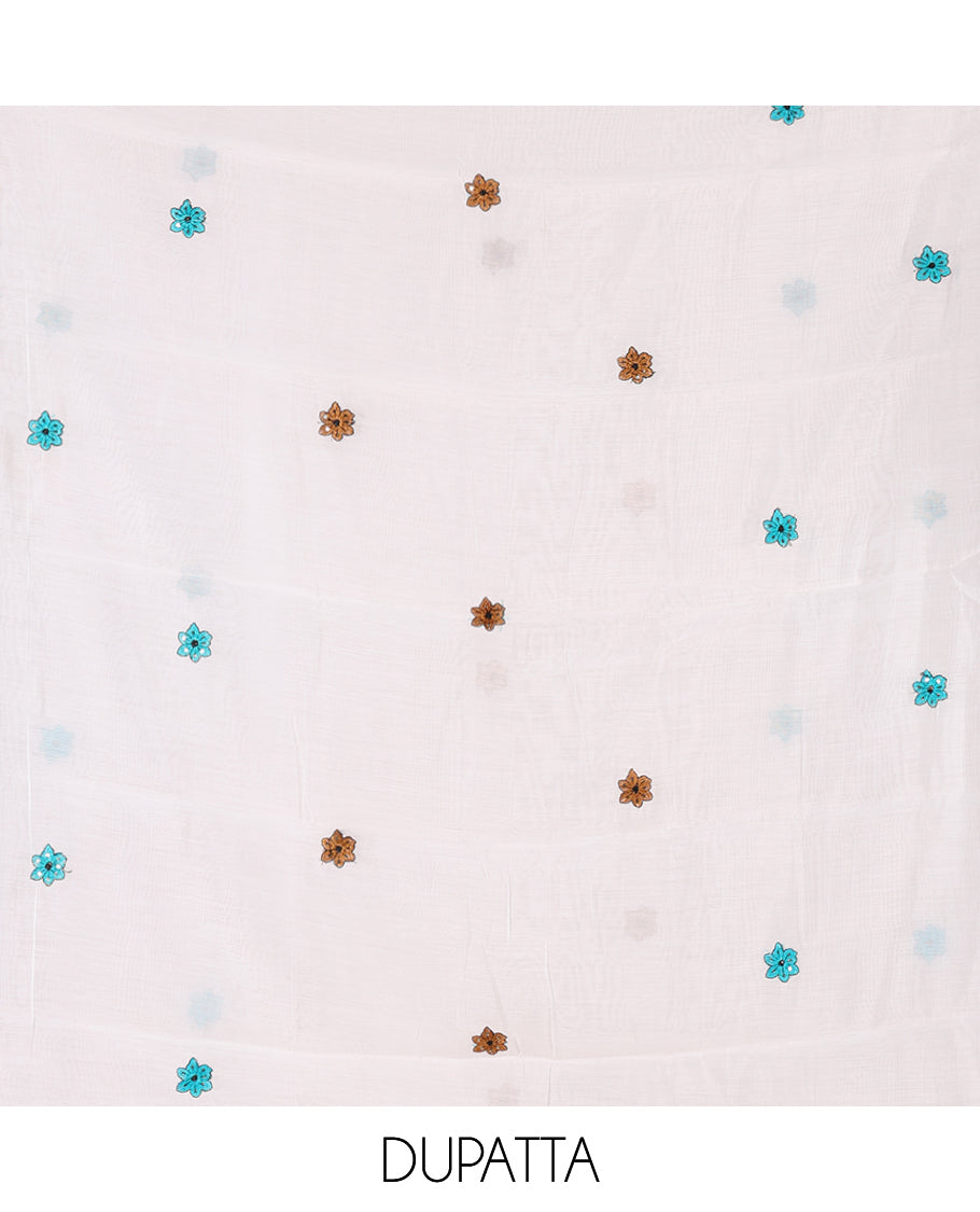 Cream-Brown Mul Chanderi Material Chudidar, Floral Embroidery Top, Matching Bottom, Floral Embroidery Dupatta