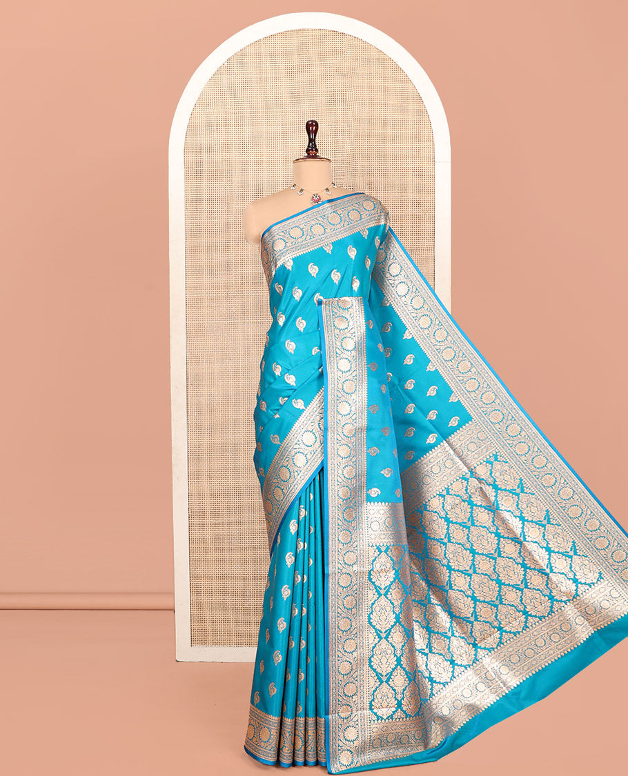 Blue Banarasi Nylon Saree, Bedecked with Zari Buttas, a Traditional Zari Border, Intricate Pallu, and a Matching Blouse