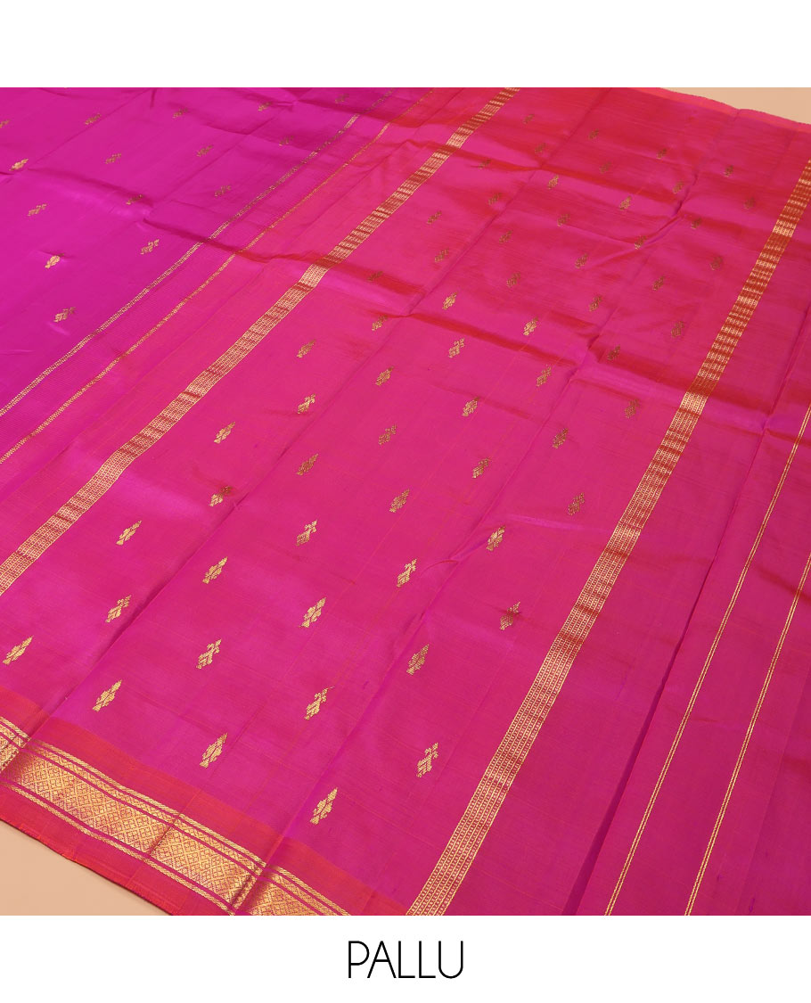 Pink Kanchipuram Silk Saree Featuring Zari Buttas, Complemented by a Contrast One-Sided Border of Banaras, and Jaal Design, Zari Design Pallu, and a No Blouse