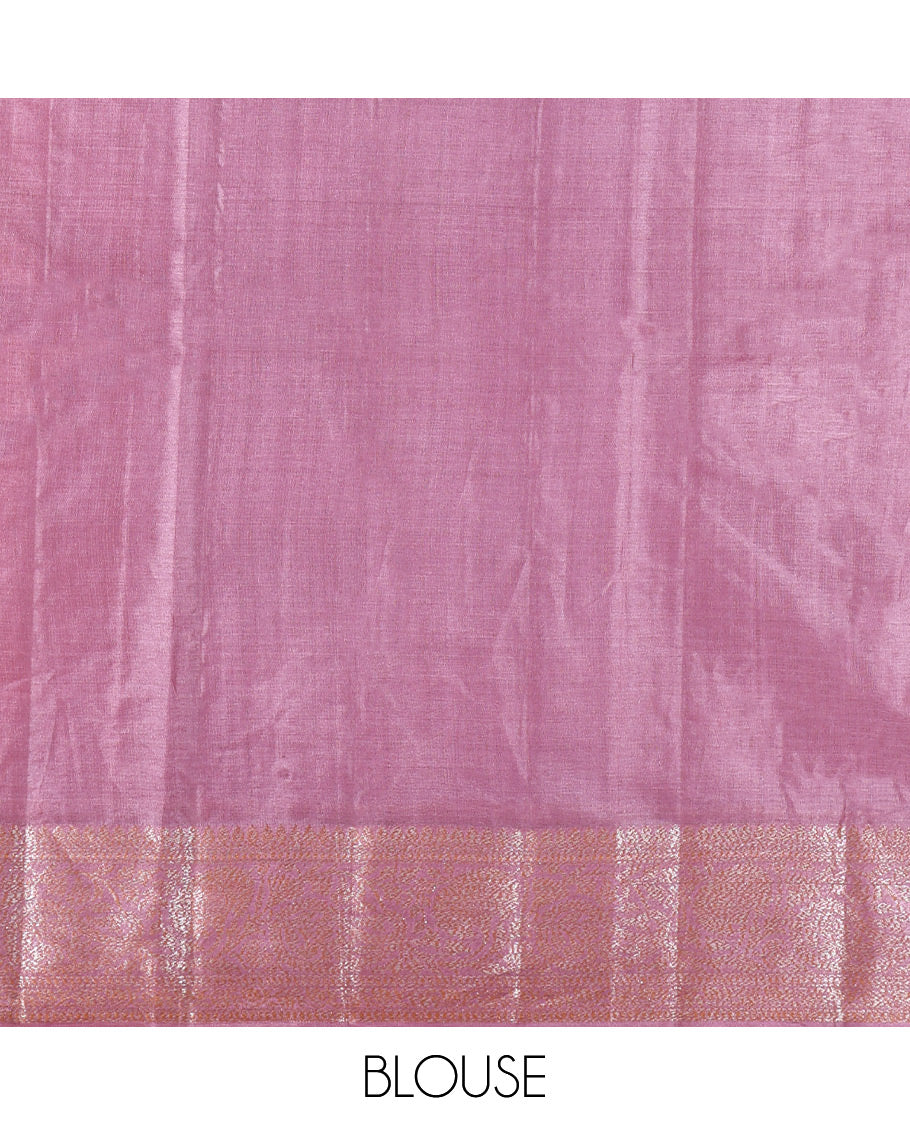 Yellow Tusser Silk Saree, Detailed with Zari Buttas, a Contrast Floral Creeper Zari Border, Grand Pallu, and a Contrast Blouse