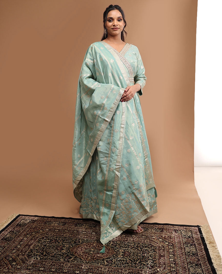 Light blue floral embroidered v neck, 3/4 th sleeve, floor length top & floral zari design dupatta