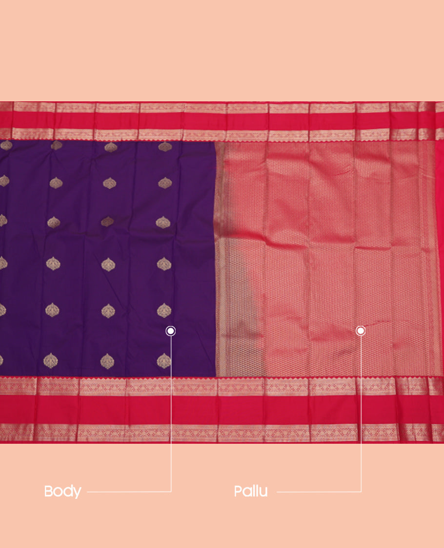Violet Budget Silk Saree, Bedecked with Zari Buttas, Complemented by Contrast Traditional Zari Rettai Pettu Border, Jaal Pallu, and a Contrast Blouse