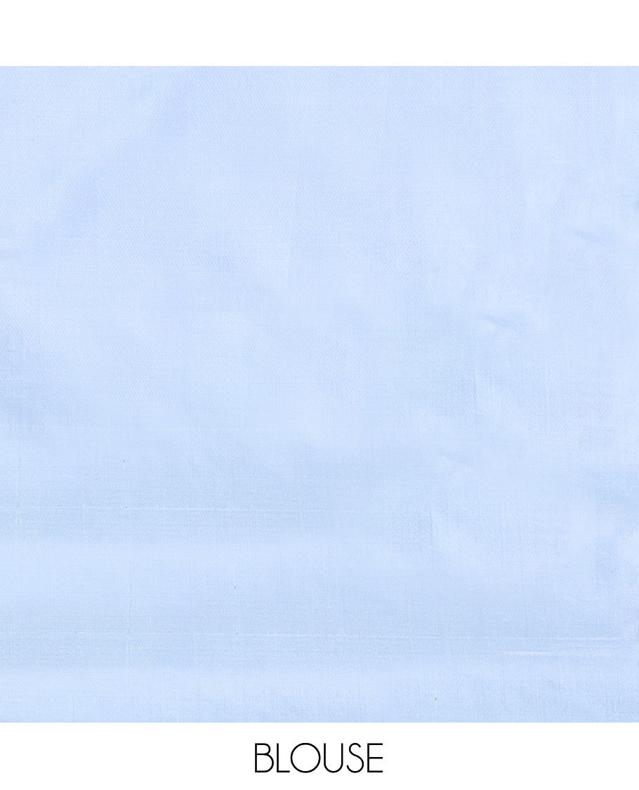 Borderless Blue Banana Pith Saree, Woven with Buttas, a Contrast Pallu of Stripes and Buttas, and a Contrast Blouse
