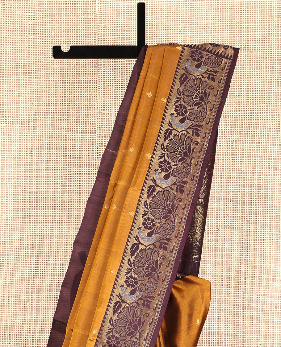 Orange Mayuri Lite Silk Mix Saree, Woven with Buttas, a Contrast Paithani Floral-Peacock Temple Border, Zig-Zag Pallu, and a Matching Blouse