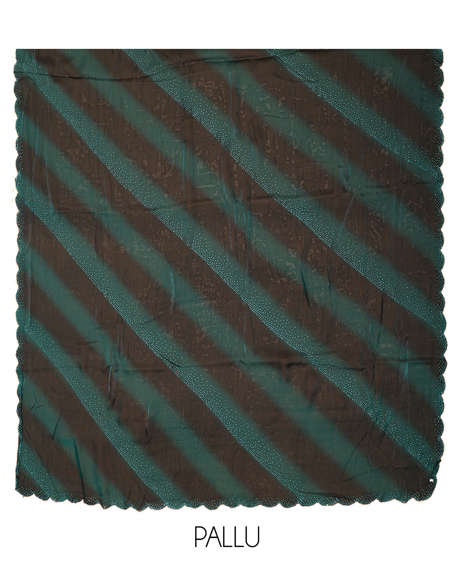 Black with peacock green digital printed fendi satin saree with swarovski stone , scallop border