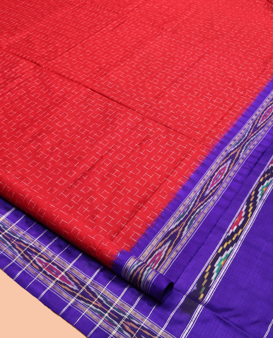 Red Pochampally Ikat Silk Saree, Decked with Geometric Design, Complemented by a Contrast Ikat Border, Ikat-Style Pallu, and No Blouse