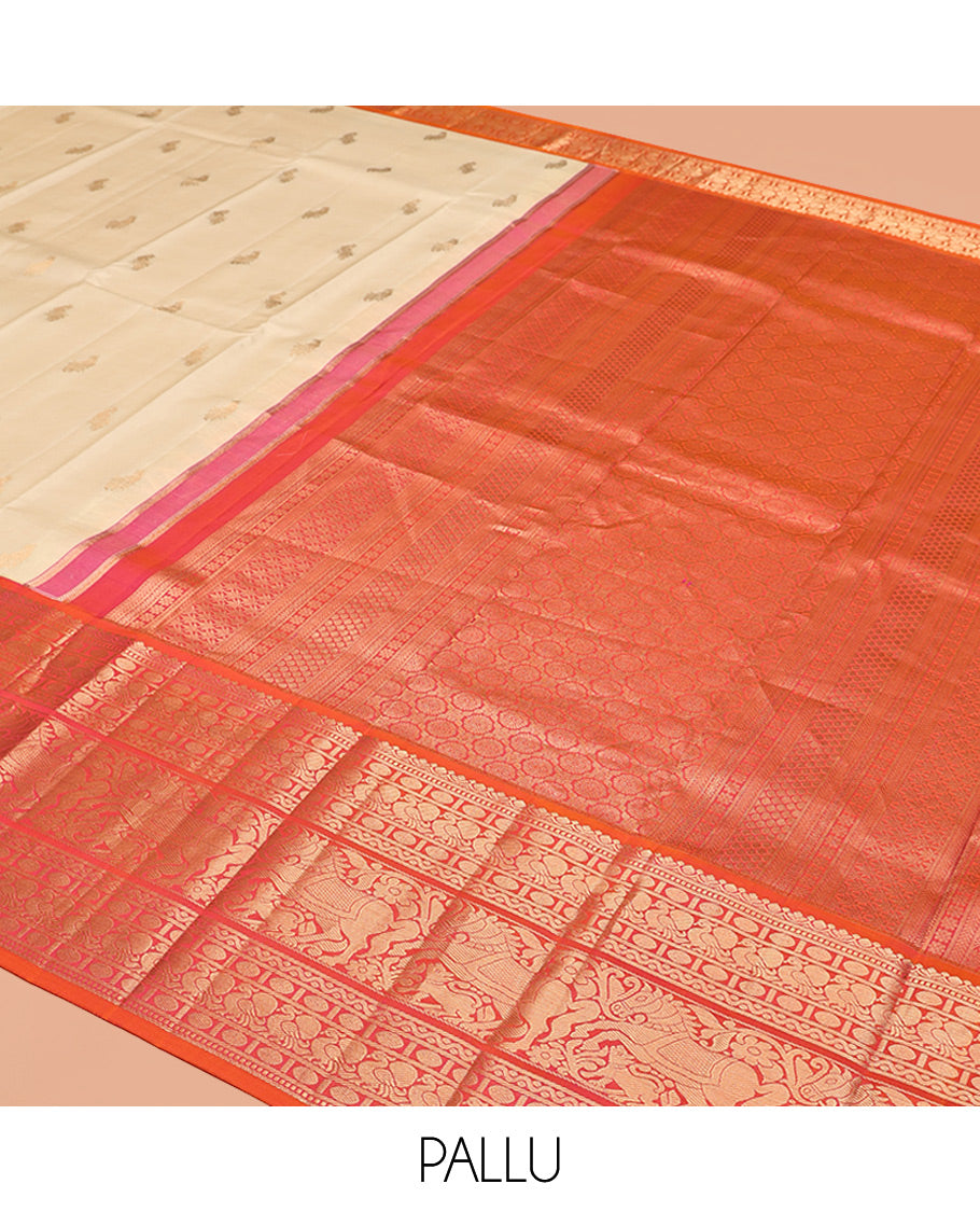 Yellow Vasundhara Silk Saree, Woven with Zari Buttas, Contrast Border of Muthu, Poun, Mayil, Neli, and Kuthirai Designs, Grand Pallu, and Contrast Blouse