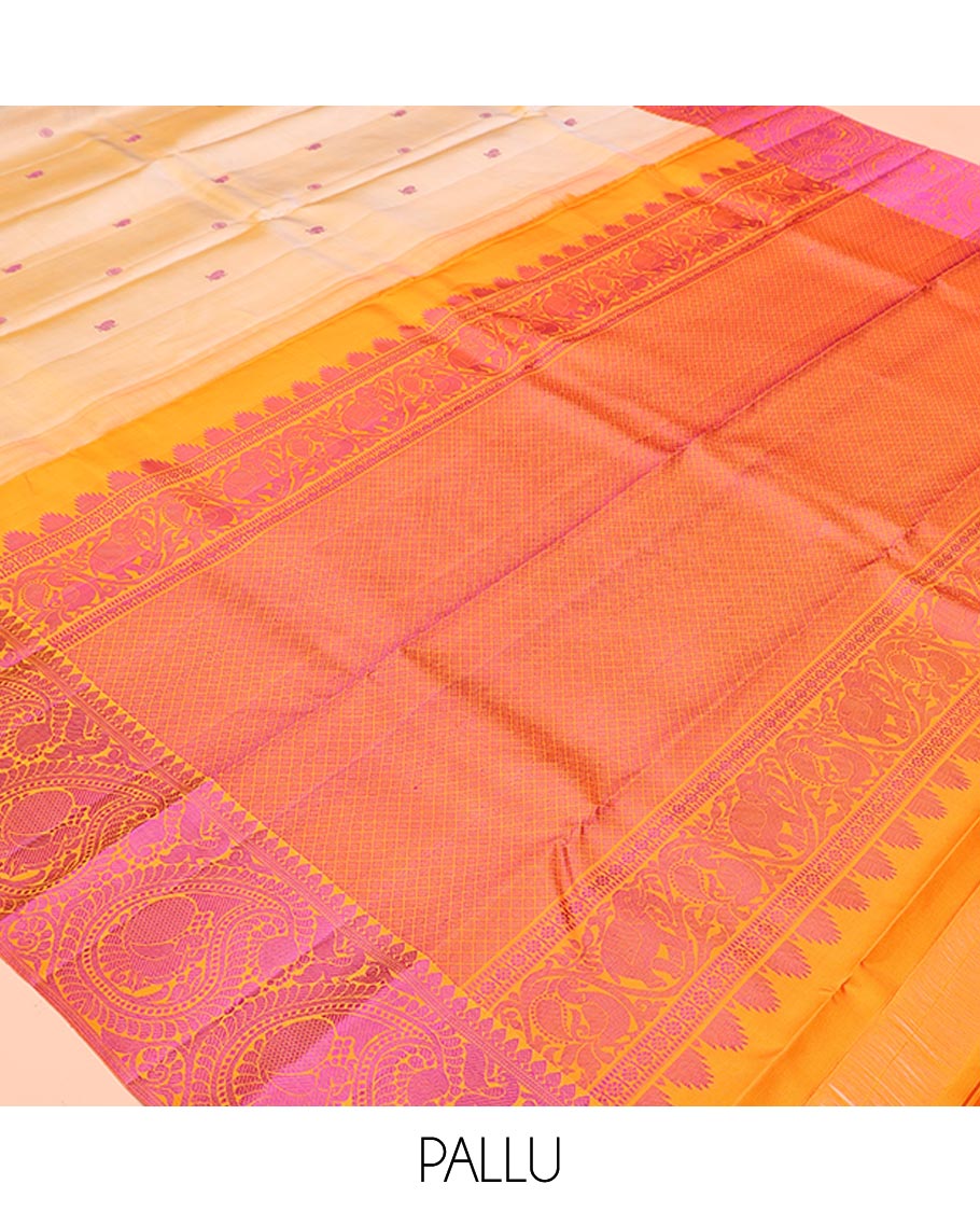 Sandal Kanchipuram Designer Silk Saree, Elevated with Mayil and Chakram Buttas All Over Its Body, Complemented by Contrast Border of Peacock Enclosed Paisleys, Jaal Pallu and Paired with a Contrast Blouse