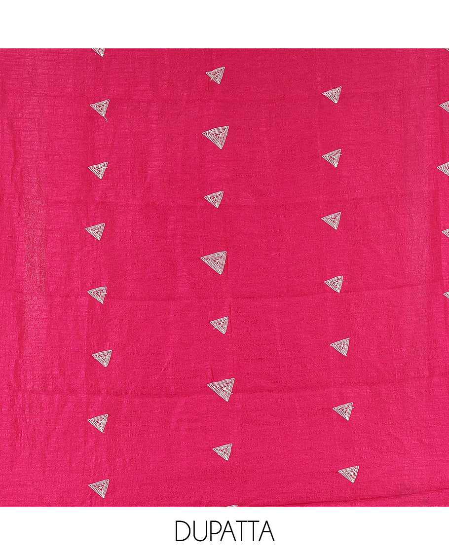 Magenta Vichitra Silk Material Chudidar Features a V-Neck Thread-Sequined Top, a Plain Bottom, Matching Thread-Sequined Dupatta