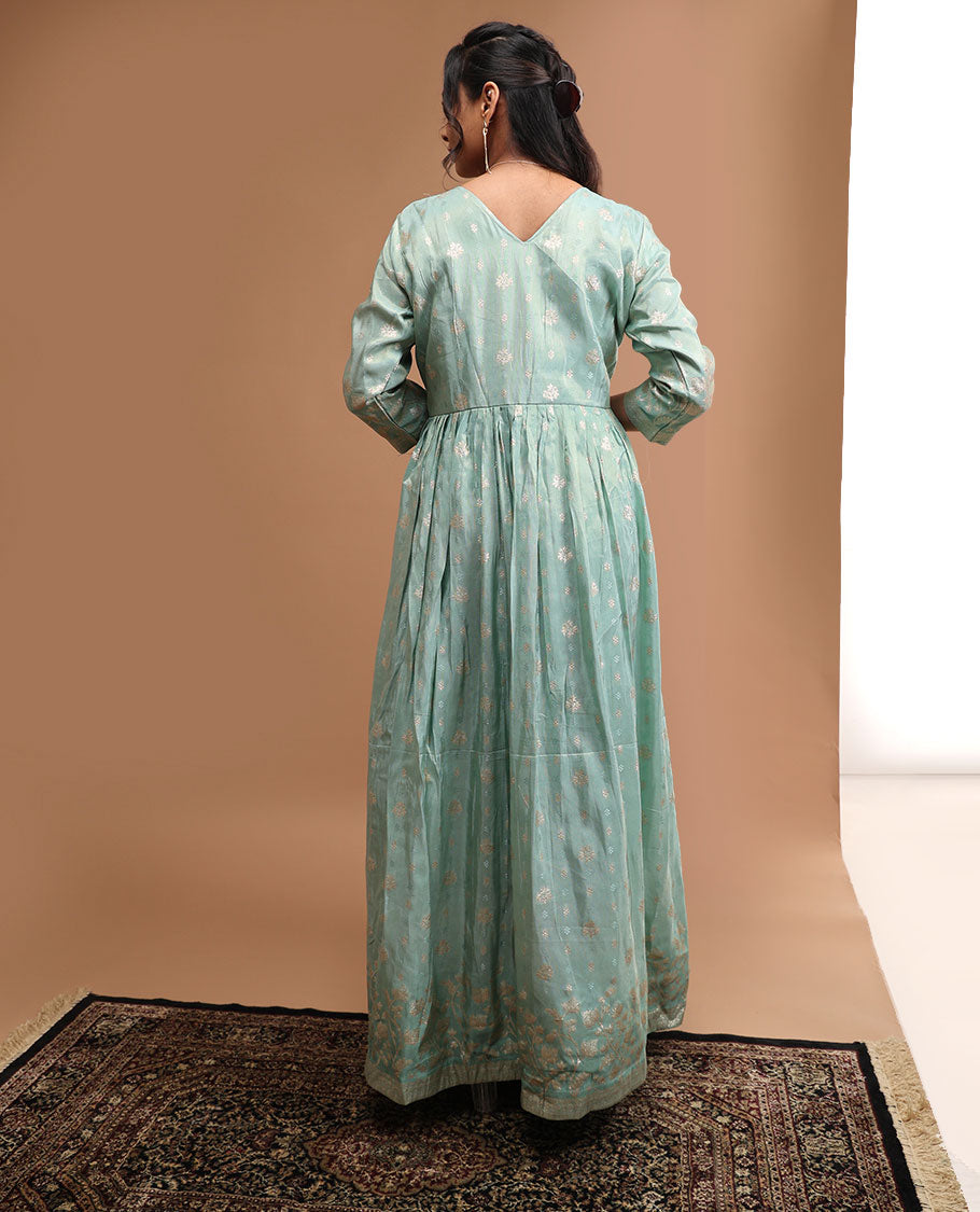 Light blue floral embroidered v neck, 3/4 th sleeve, floor length top & floral zari design dupatta