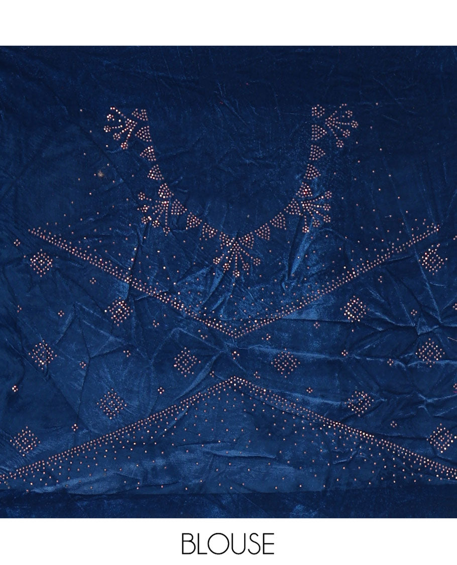Blue Velvet Half-Saree, gleamed up with Swarovski Stonework Skirt, Matching Stonework Blouse, and Net Stonework Dhavani