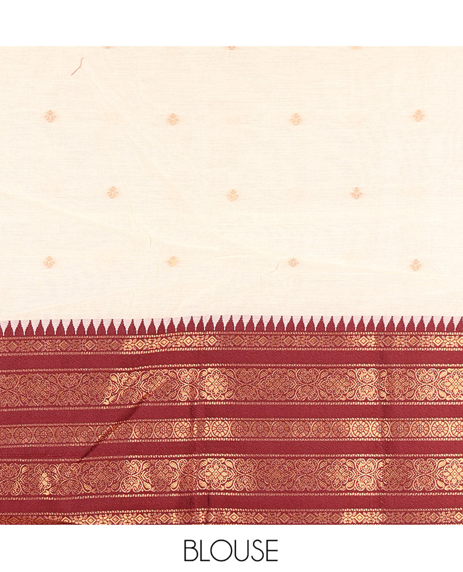 Sandal-Maroon Banaras Kota Half-Saree, Zari Buttas Skirt, Contrast Traditional Border, Matching Blouse, Contrast Dhavani