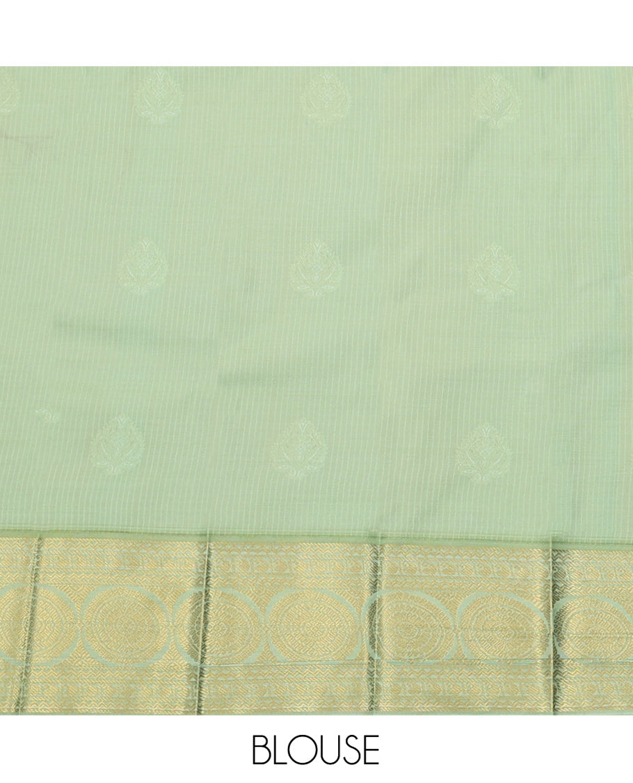 Orange Budget Silk Saree, Accentuated with Zari Buttas and Stripes on Its Body, Complemented by a Contrast Traditional Zari Chakram Design Border, Intricately Designed Pallu, and Paired with a Contrast Blouse