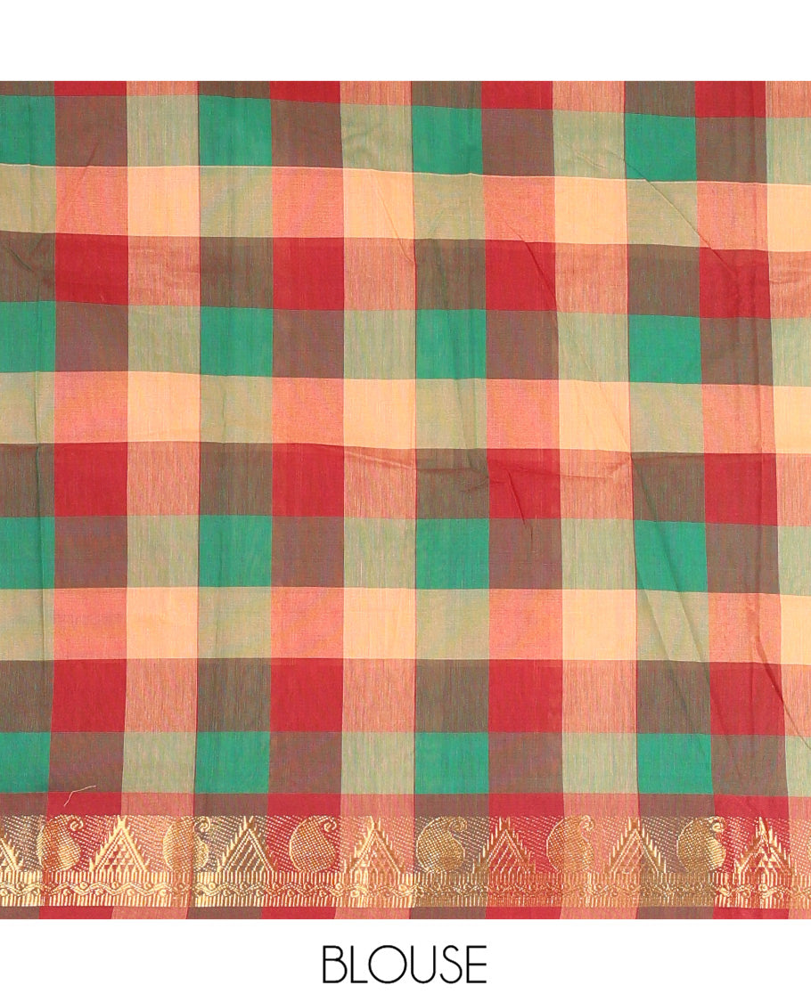 Multi-Color Chettinad Cotton Half Saree Features Checked Skirt, Paisley-Temple Border, Matching Blouse, Contrast Dhavani
