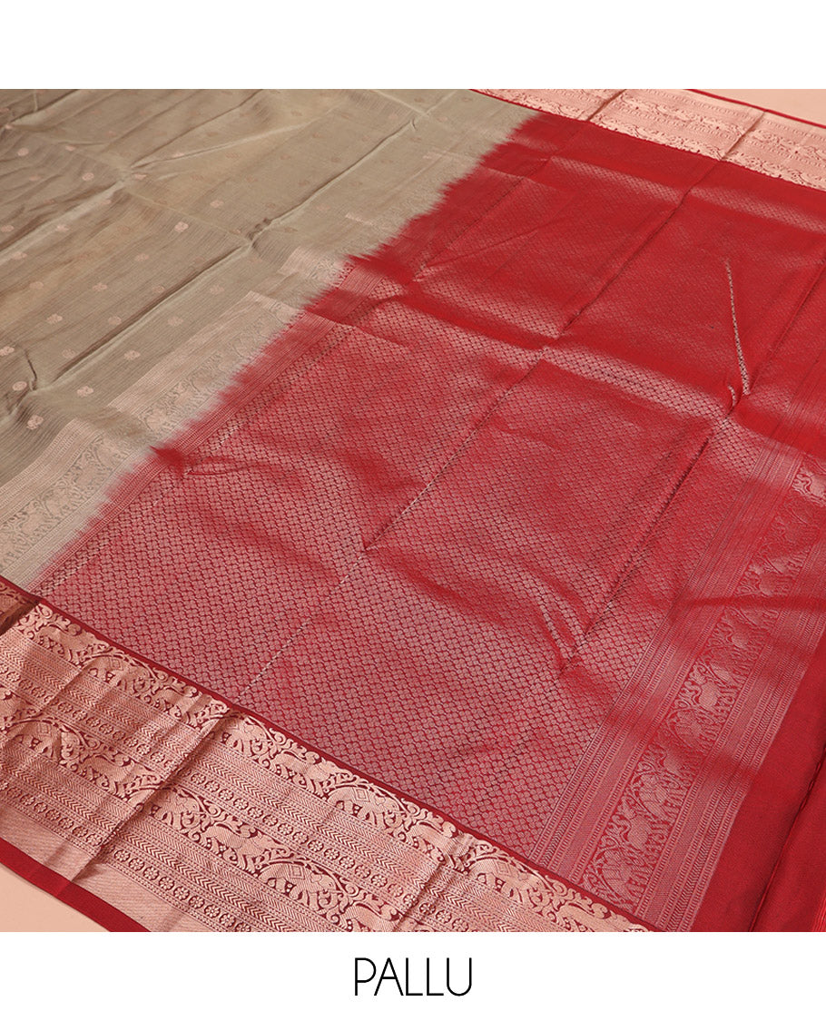Grey Vasundhara Silk Saree, Sparsely Woven with Zari Buttas All Over Its Body, Complemented by a Contrast Border of Yaali, Yaanai, Neli, Banaras, Kathir, and Kamalam Designs, Grand Pallu, and Paired with a Contrast Blouse