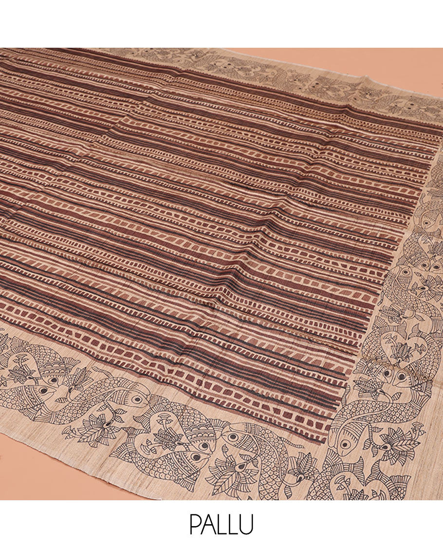 Brown Tussar Silk Saree, Impeccably Styled with Geometric Patterns, Complemented by a Contrast Fishes Printed Border, Printed Pallu, and a Contrast Blouse