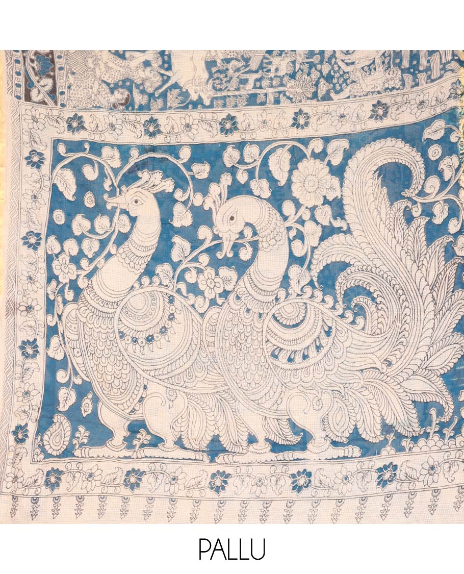 Blue Machine-Printed Kalamkari Cotton Saree Features Human Motifs, a Piping Border, Pallu of Peacocks, and a Matching Blouse