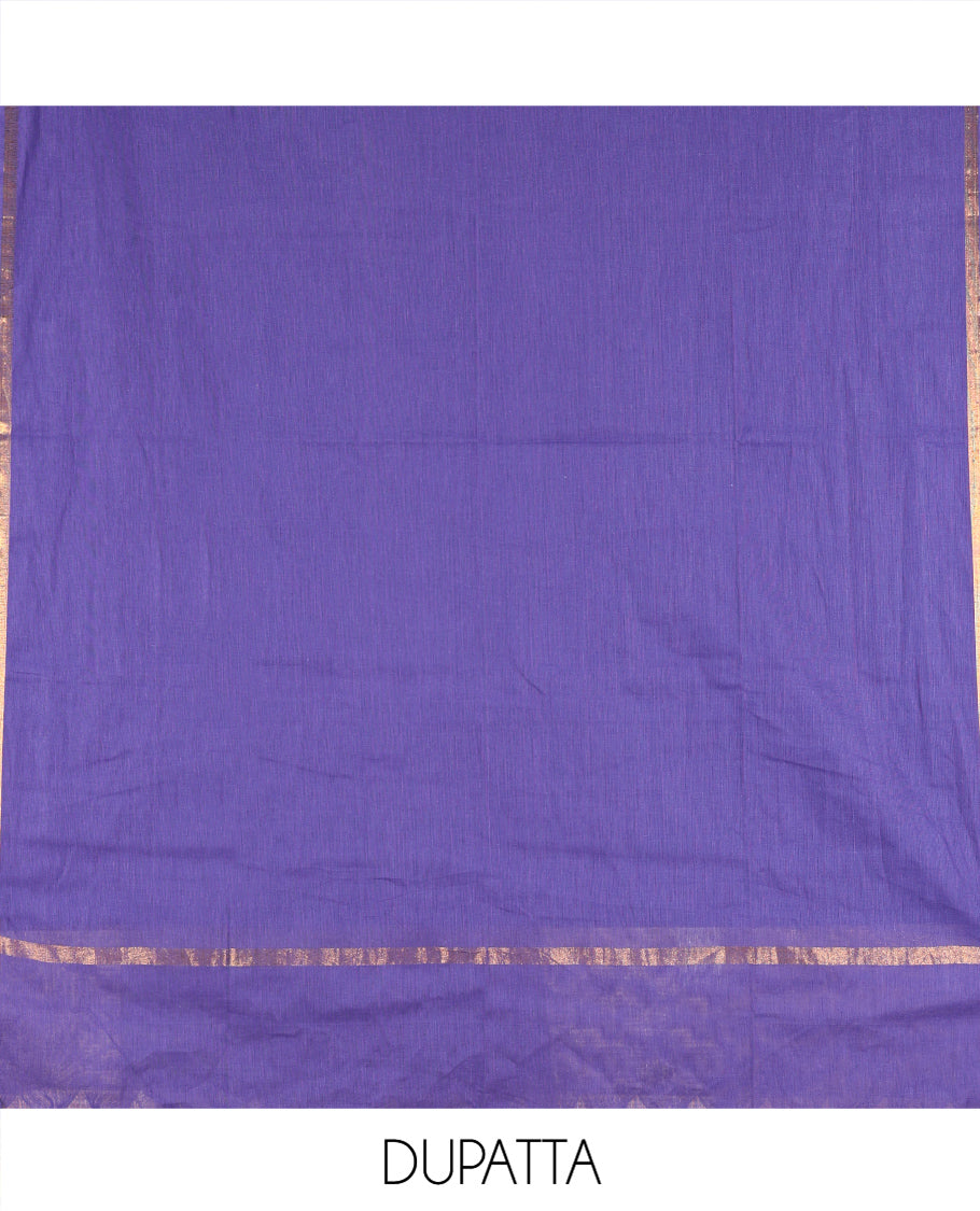 Green Handloom Cotton Material Chudidar, Plain and Contrast Traditional Zari-Bordered Top, a Contrast Plain Bottom, and Contrast Dupatta