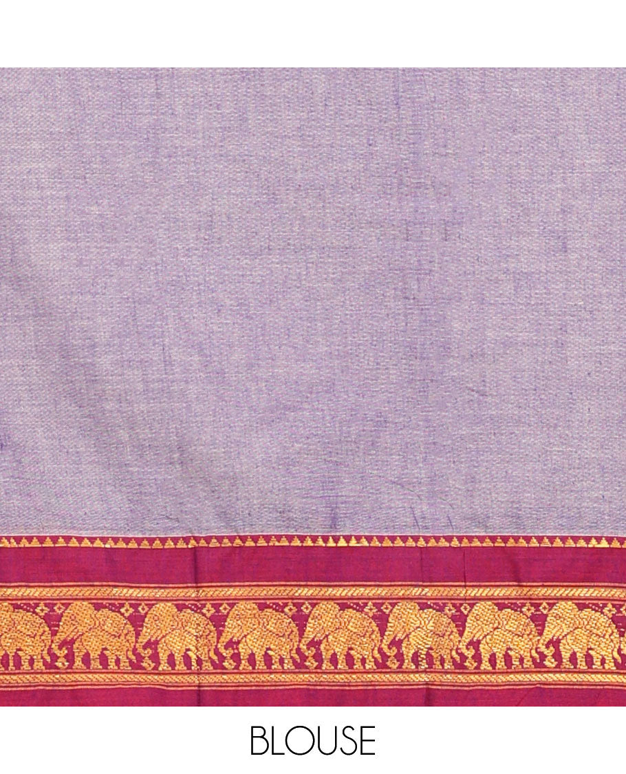 Lavender half saree with contrast elephant design borde, zari design blouse & plain, elephant design border dhavani